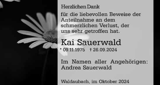 Traueranzeige von Kai Sauerwald von Dill Block