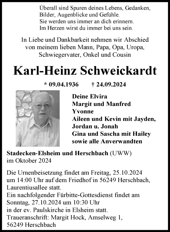 Traueranzeige von Karl-Heinz Schweickardt von Allgemeine Zeitung Mainz