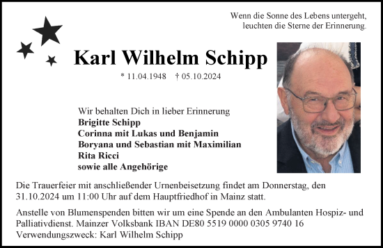 Traueranzeige von Karl Wilhelm Schipp von Allgemeine Zeitung Mainz