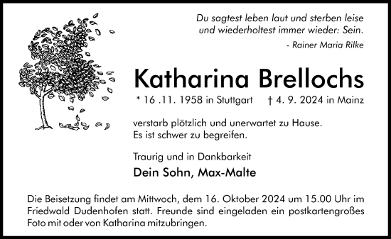 Traueranzeige von Katharina Brellochs von Allgemeine Zeitung Mainz