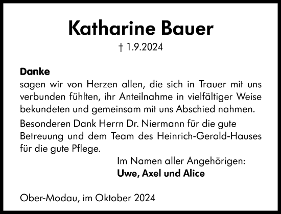 Traueranzeige von Katharine Bauer von Darmstädter Echo