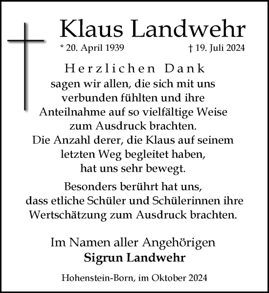Traueranzeige von Klaus Landwehr von Wiesbadener Kurier