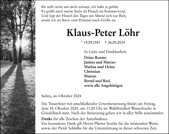 Traueranzeige von Klaus-Peter Löhr von Wetzlarer Neue Zeitung