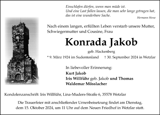 Traueranzeige von Konrada Jakob von Wetzlarer Neue Zeitung