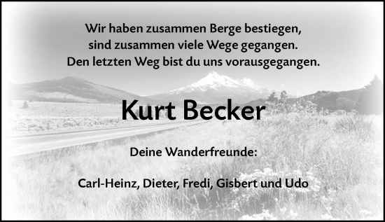 Traueranzeige von Kurt Becker von Allgemeine Zeitung Mainz