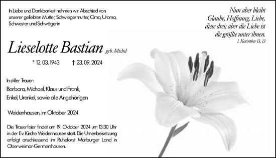 Traueranzeige von Lieselotte Bastian von Hinterländer Anzeiger