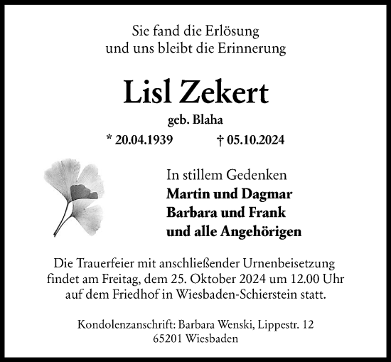 Traueranzeige von Lisl Zekert von Wiesbadener Kurier