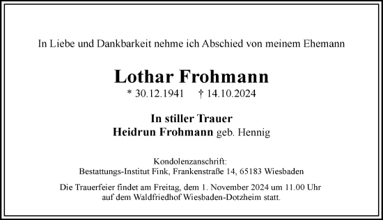 Traueranzeige von Lothar Frohmann von Wiesbadener Kurier