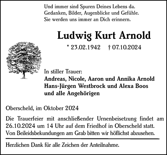 Traueranzeige von Ludwig Kurt Arnold von Dill Block