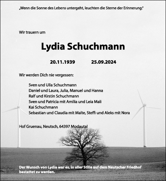 Traueranzeige von Lydia Schuchmann von Darmstädter Echo