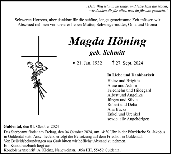 Traueranzeige von Magda Höning von Allgemeine Zeitung Rheinhessen-Nahe