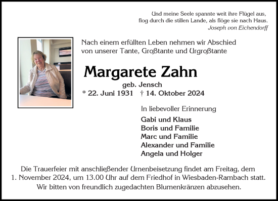 Traueranzeige von Margarete Zahn von Wiesbadener Kurier