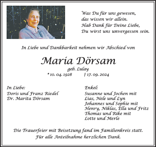 Traueranzeige von Maria Dörsam von Starkenburger Echo