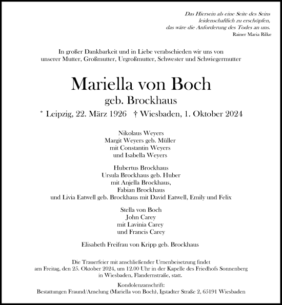 Traueranzeige von Mariella von Boch von Wiesbadener Kurier