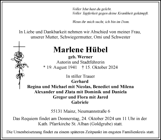 Traueranzeige von Marlene Hübel von Wiesbadener Kurier