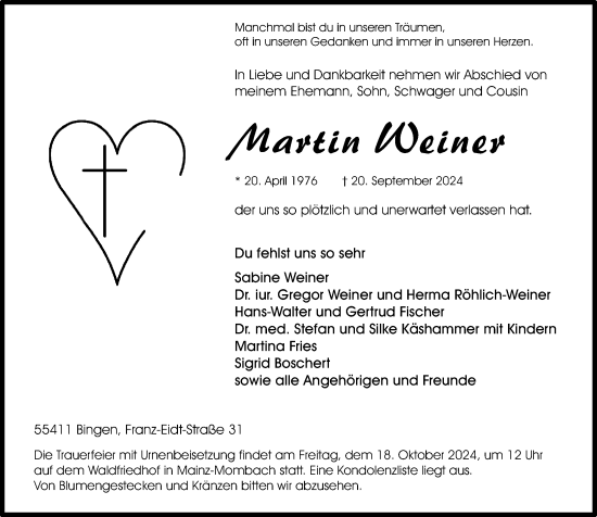Traueranzeige von Martin Weiner von Allgemeine Zeitung Rheinhessen-Nahe
