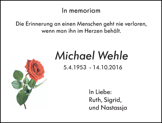 Traueranzeige von Michael Wehle von Wiesbadener Kurier