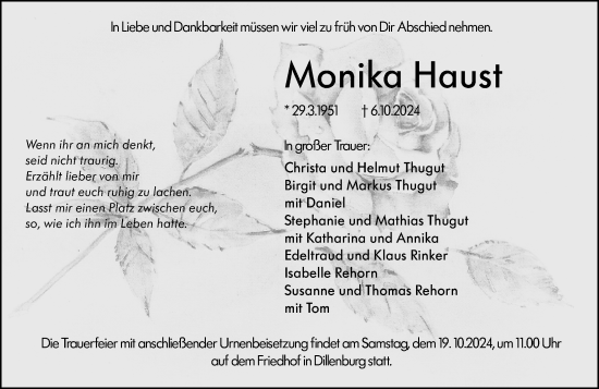 Traueranzeige von Monika Haust von Dill Block
