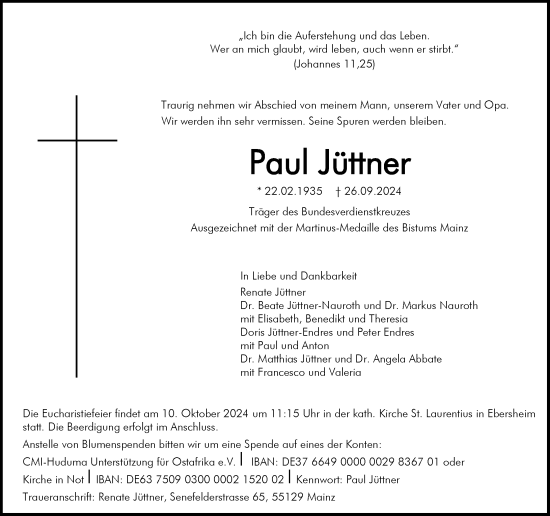 Traueranzeige von Paul Jüttner von Allgemeine Zeitung Mainz
