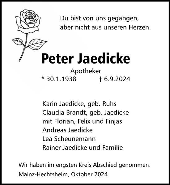 Traueranzeige von Peter Jaedicke von Allgemeine Zeitung Mainz