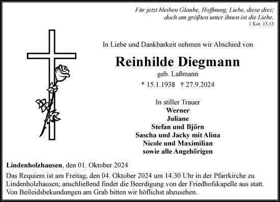 Traueranzeige von Reinhilde Diegmann von Nassauische Neue Presse