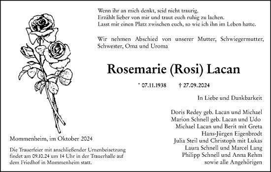 Traueranzeige von Rosemarie Lacan von Allgemeine Zeitung Mainz