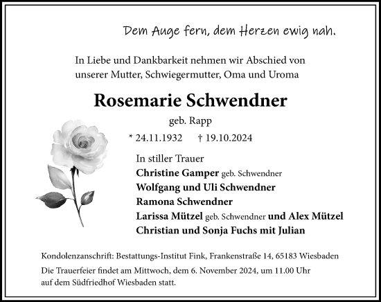 Traueranzeige von Rosemarie Schwendner von Wiesbadener Kurier