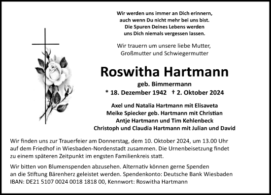 Traueranzeige von Roswitha Hartmann von Wiesbadener Kurier