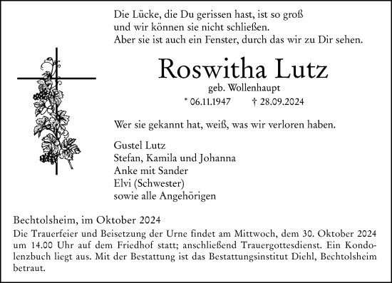 Traueranzeige von Roswitha Lutz von Allgemeine Zeitung Alzey