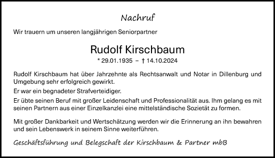 Traueranzeige von Rudolf Kirschbaum von Dill Block