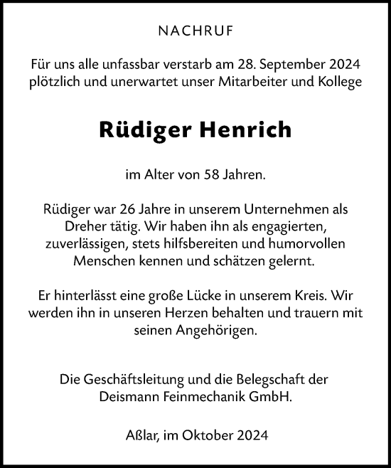 Traueranzeige von Rüdiger Henrich von Wetzlarer Neue Zeitung