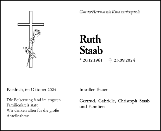 Traueranzeige von Ruth Staab von Rheingau Kurier