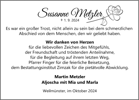 Traueranzeige von Susanne Metzler von Weilburger Tageblatt