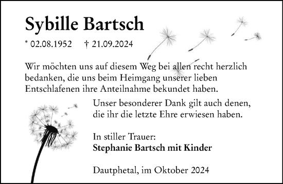 Traueranzeige von Sybille Bartsch von Hinterländer Anzeiger