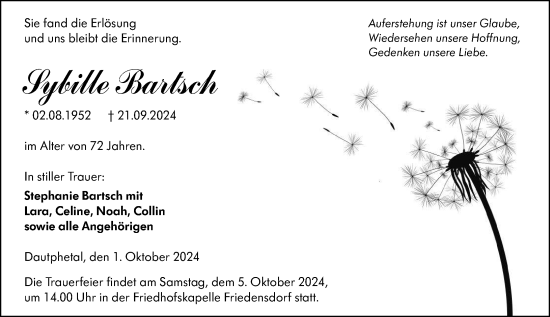 Traueranzeige von Sybille Bartsch von Hinterländer Anzeiger
