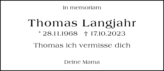Traueranzeige von Thomas Langjahr von Darmstädter Echo