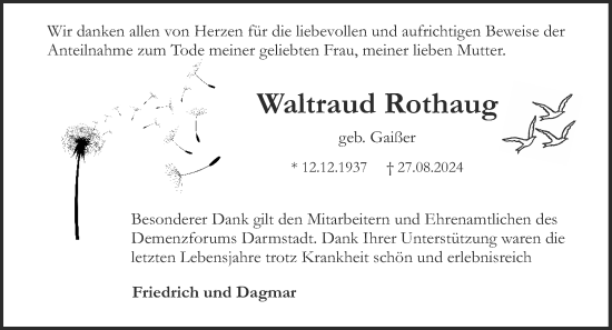 Traueranzeige von Waltraud Rothaug von Darmstädter Echo