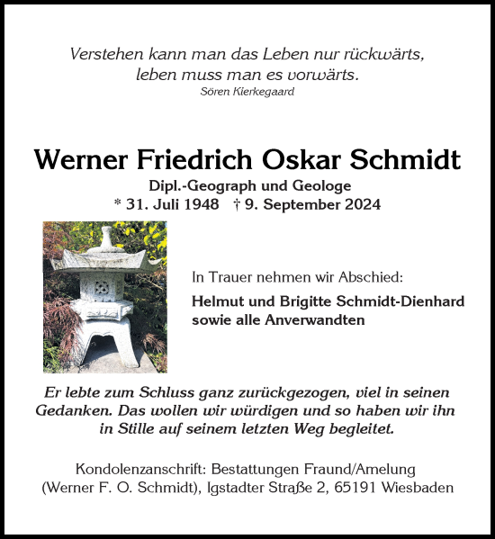 Traueranzeige von Werner Friedrich Oskar Schmidt von Wiesbadener Kurier