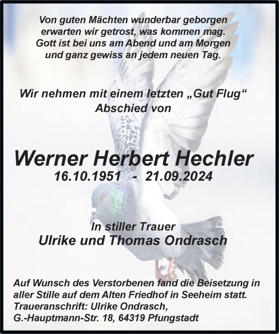 Traueranzeige von Werner Herbert Hechler von Darmstädter Echo