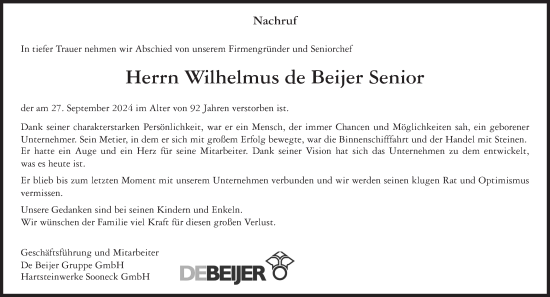 Traueranzeige von Wilhelmus  de Beijer Senior von Allgemeine Zeitung Rheinhessen-Nahe