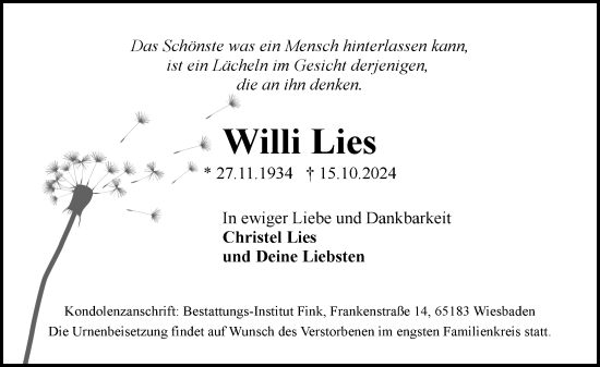 Traueranzeige von Willi Lies von Wiesbadener Kurier