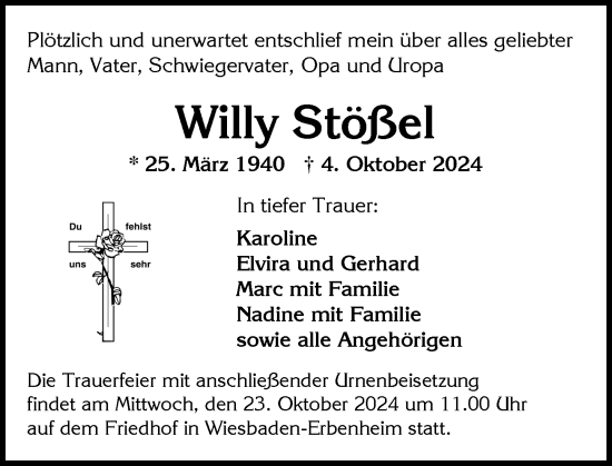 Traueranzeige von Willy Stößel von Wiesbadener Kurier