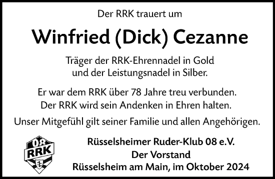 Traueranzeige von Winfried Cezanne von Rüsselsheimer Echo