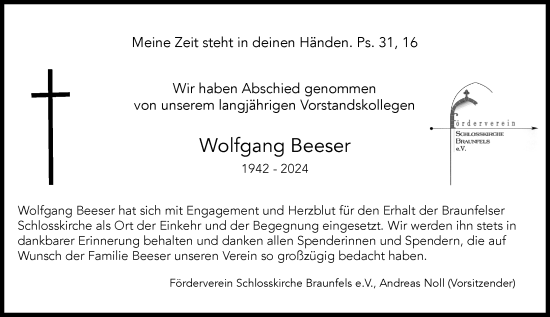 Traueranzeige von Wolfgang Beeser von Wetzlarer Neue Zeitung