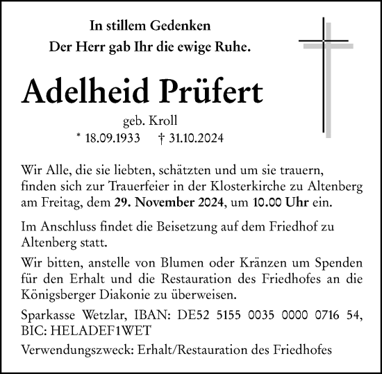 Traueranzeige von Adelheid Prüfert von Wetzlarer Neue Zeitung