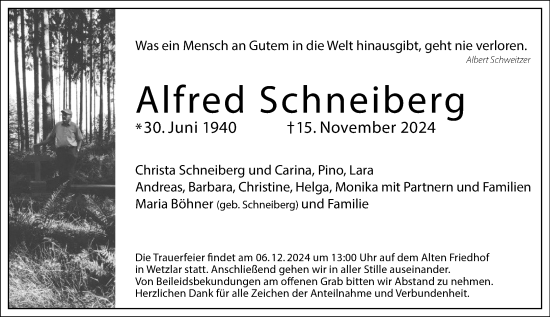 Traueranzeige von Alfred Schneiberg von Wetzlarer Neue Zeitung