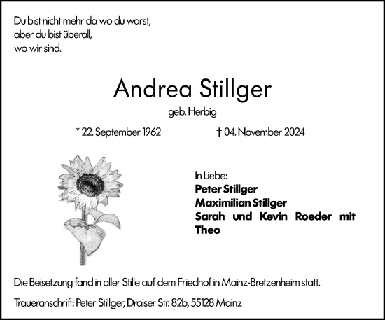 Traueranzeige von Andrea Stillger von Allgemeine Zeitung Mainz