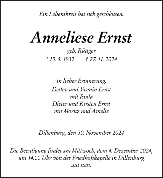 Traueranzeige von Anneliese Ernst von Dill Block