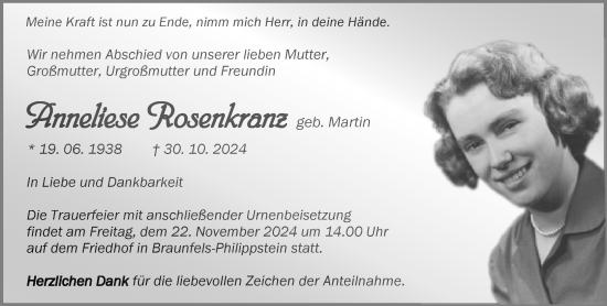 Traueranzeige von Anneliese Rosenkranz von Wetzlarer Neue Zeitung