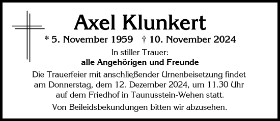 Traueranzeige von Axel Klunke von Wiesbadener Kurier